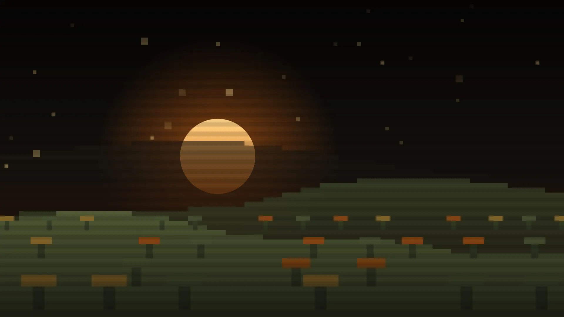 Das Farmfeld bei Sonnenuntergang, dicht bepflanzt mit automatisierten Reihen.